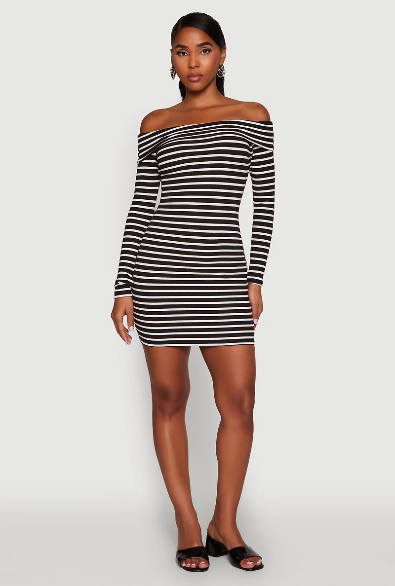 Womens Iris Striped Off The Shoulder Mini Bodycon Dress, Black, Size M