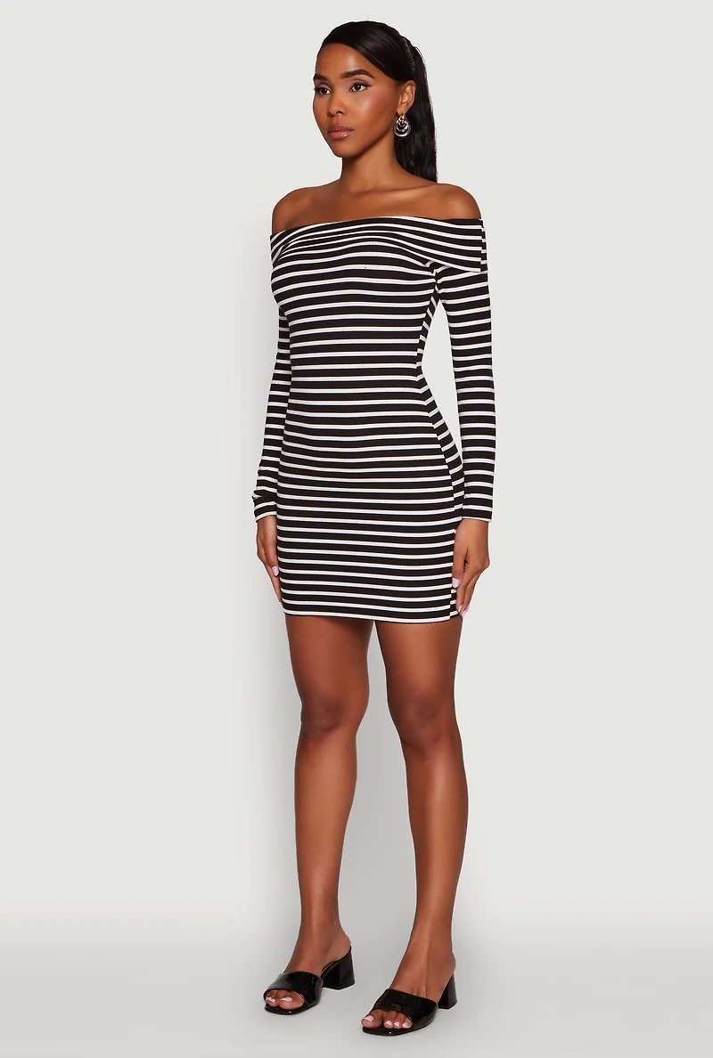 Womens Iris Striped Off The Shoulder Mini Bodycon Dress, Black, Size M