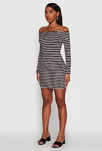 Womens Iris Striped Off The Shoulder Mini Bodycon Dress, Black, Size M