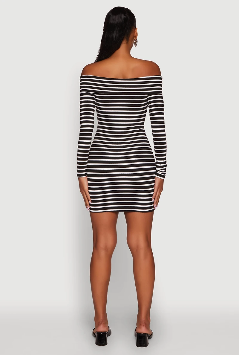Womens Iris Striped Off The Shoulder Mini Bodycon Dress, Black, Size M