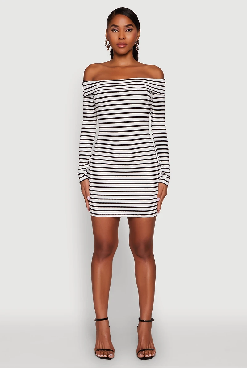 Iris Striped Off The Shoulder Mini Bodycon Dress