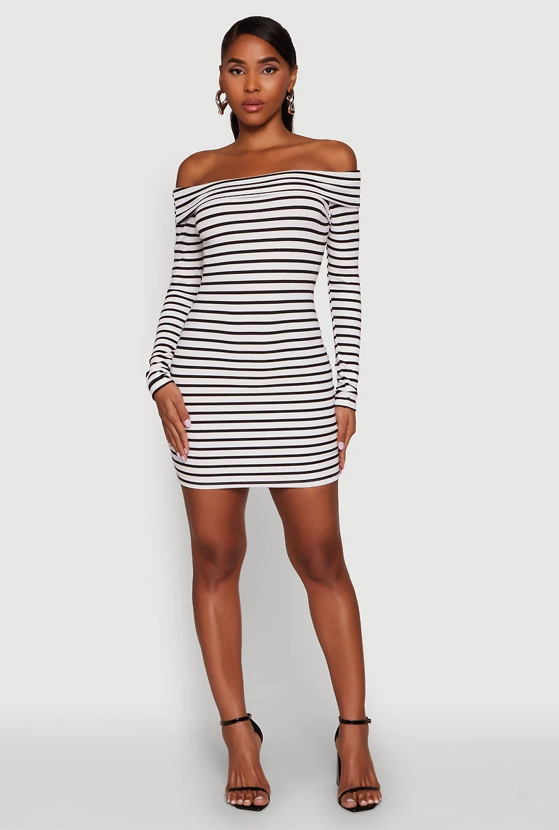 Womens Iris Striped Off The Shoulder Mini Bodycon Dress, Multi, Size S