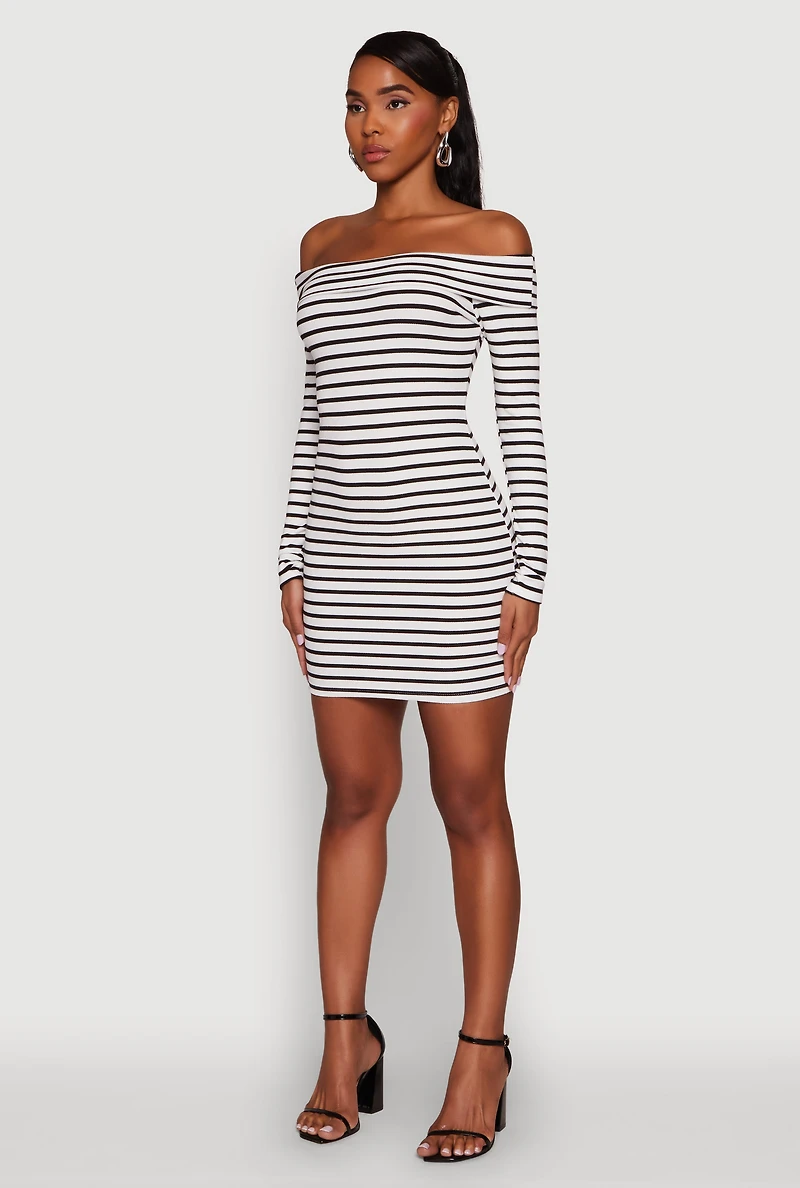 Womens Iris Striped Off The Shoulder Mini Bodycon Dress, Multi, Size S
