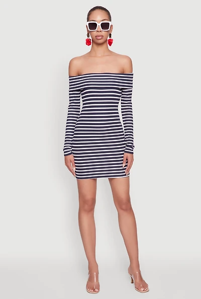 Womens Iris Striped Off The Shoulder Mini Bodycon Dress, Blue, Size L