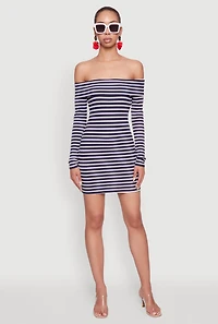 Womens Iris Striped Off The Shoulder Mini Bodycon Dress, Blue, Size L