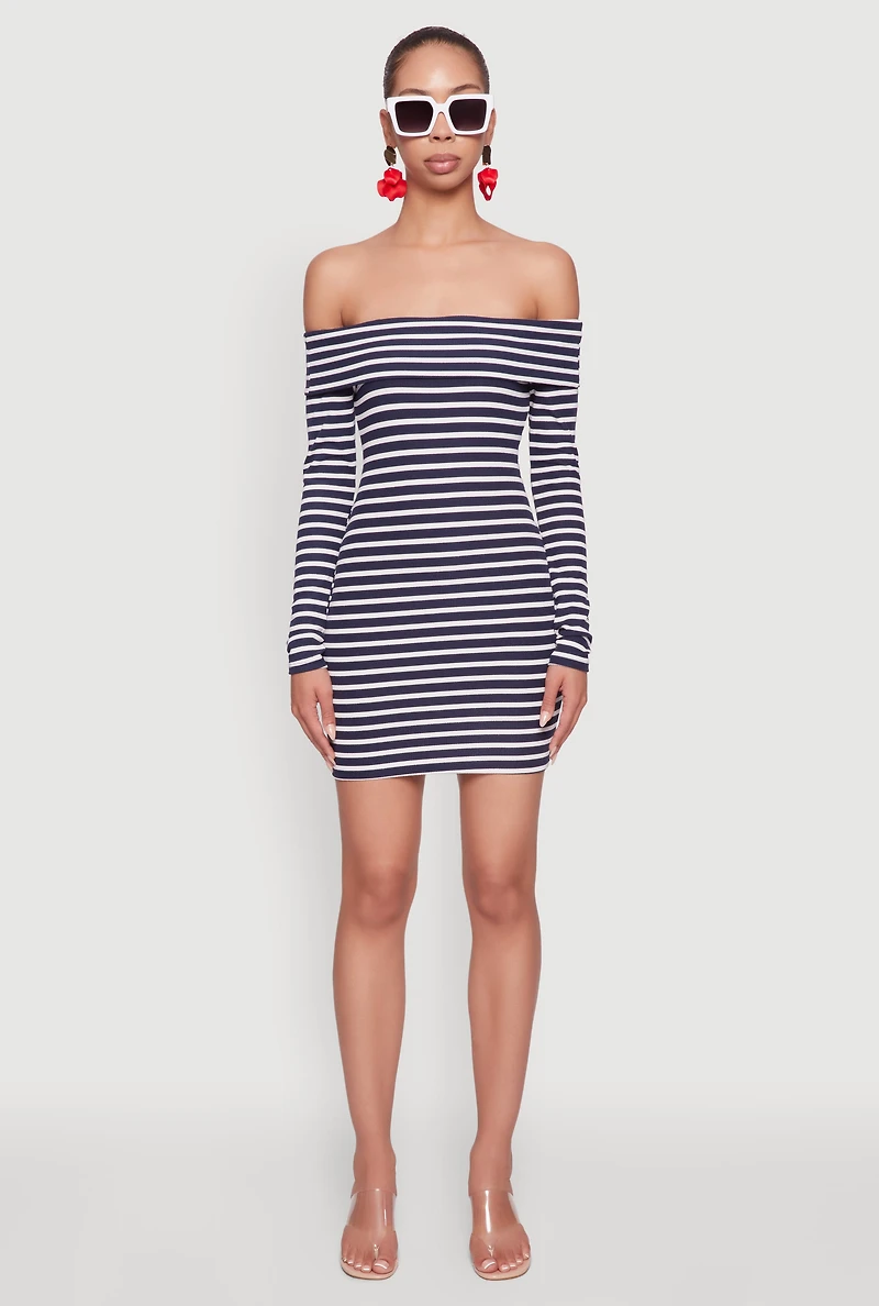 Womens Iris Striped Off The Shoulder Mini Bodycon Dress, Blue, Size L