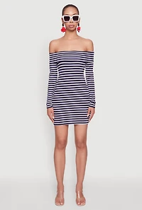 Womens Iris Striped Off The Shoulder Mini Bodycon Dress, Blue, Size L