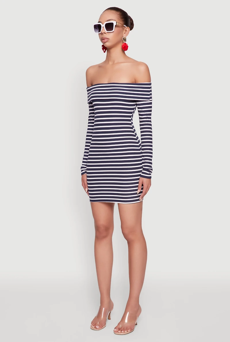Womens Iris Striped Off The Shoulder Mini Bodycon Dress, Blue, Size L