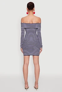 Womens Iris Striped Off The Shoulder Mini Bodycon Dress, Blue, Size L