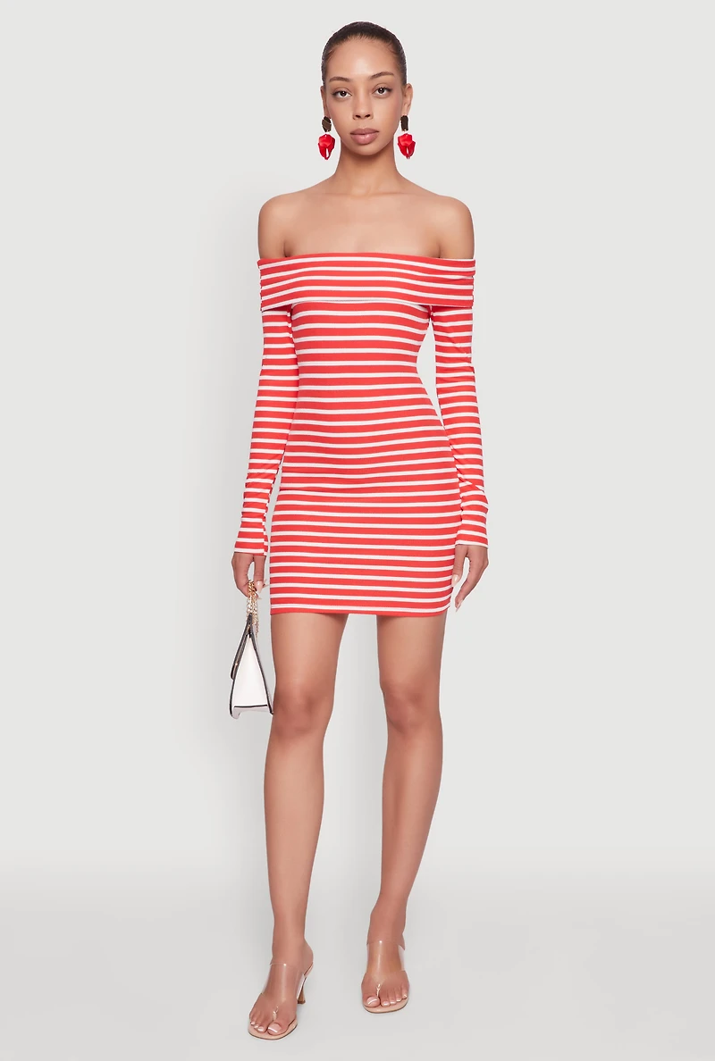 Womens Iris Striped Off The Shoulder Mini Bodycon Dress, Red, Size L