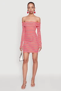 Womens Iris Striped Off The Shoulder Mini Bodycon Dress, Red, Size L