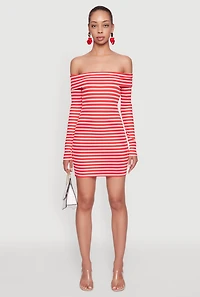 Womens Iris Striped Off The Shoulder Mini Bodycon Dress, Red, Size L