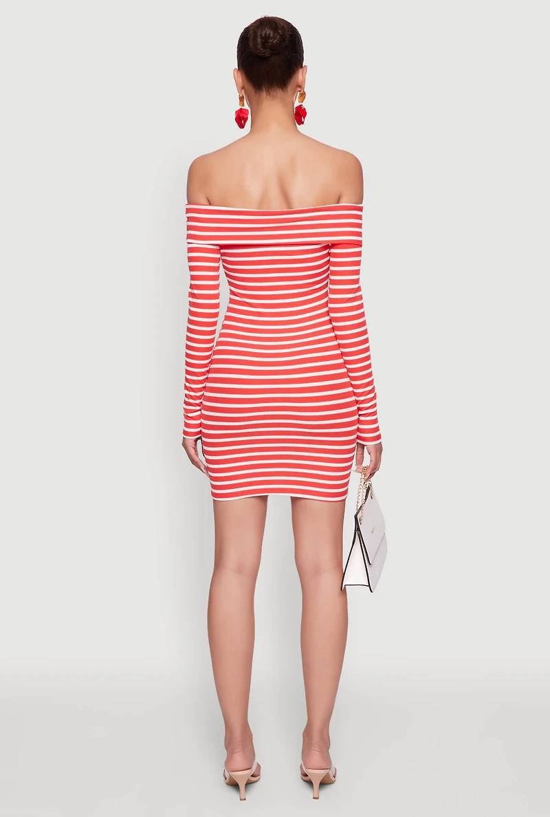 Womens Iris Striped Off The Shoulder Mini Bodycon Dress, Red, Size L