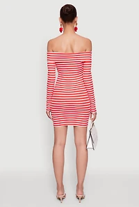 Womens Iris Striped Off The Shoulder Mini Bodycon Dress, Red, Size L