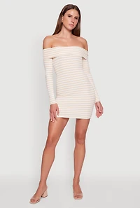 Womens Iris Striped Off The Shoulder Mini Bodycon Dress, Beige, Size L
