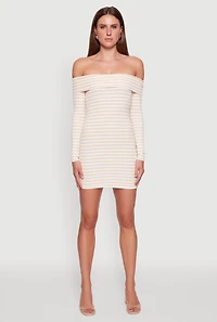 Womens Iris Striped Off The Shoulder Mini Bodycon Dress, Beige, Size L