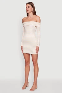 Womens Iris Striped Off The Shoulder Mini Bodycon Dress, Beige, Size L
