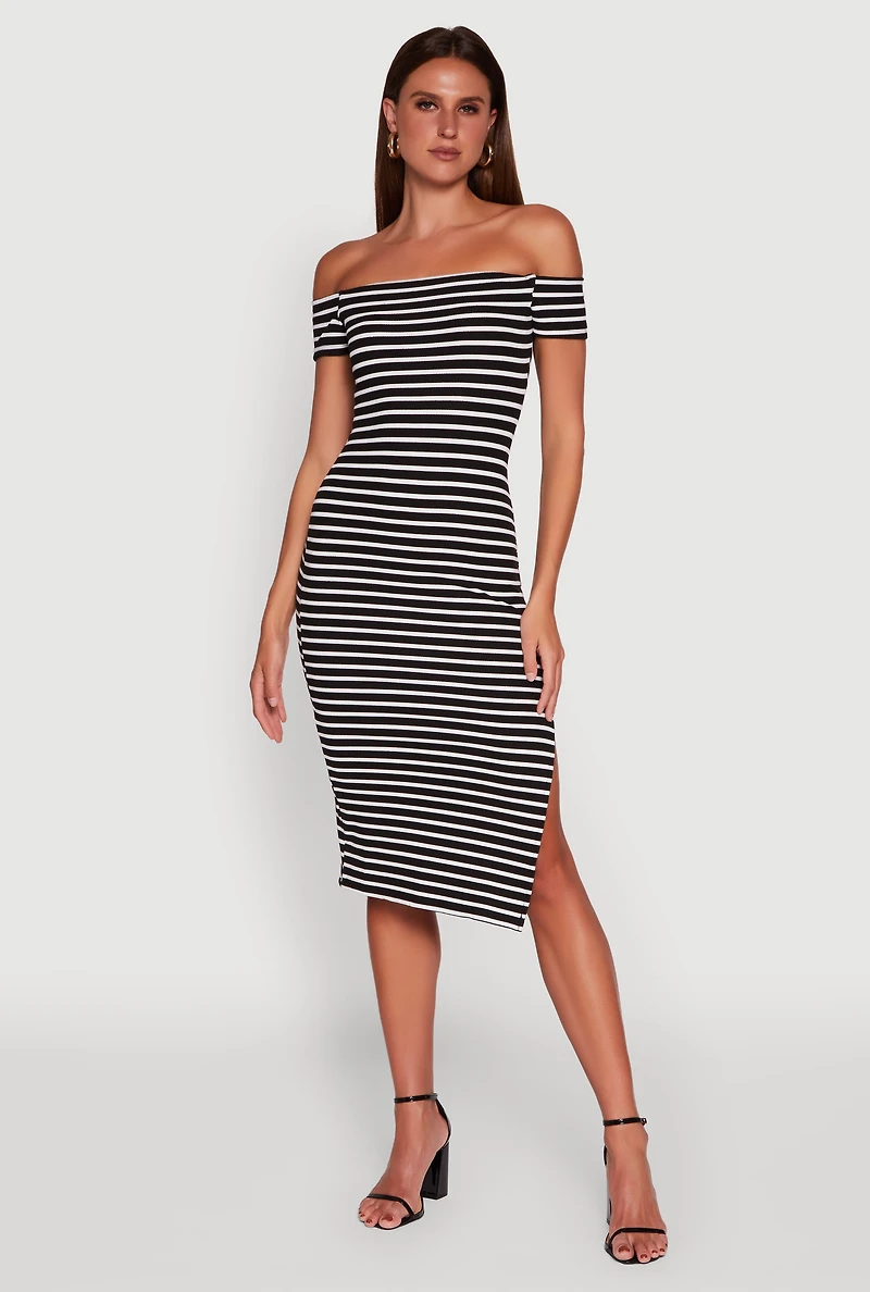 Womens Ribbed Knit Side Slit Striped Midi Dress, M
