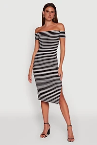 Womens Ribbed Knit Side Slit Striped Midi Dress, M
