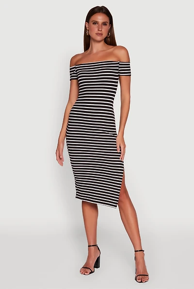Womens Ribbed Knit Side Slit Striped Midi Dress,
