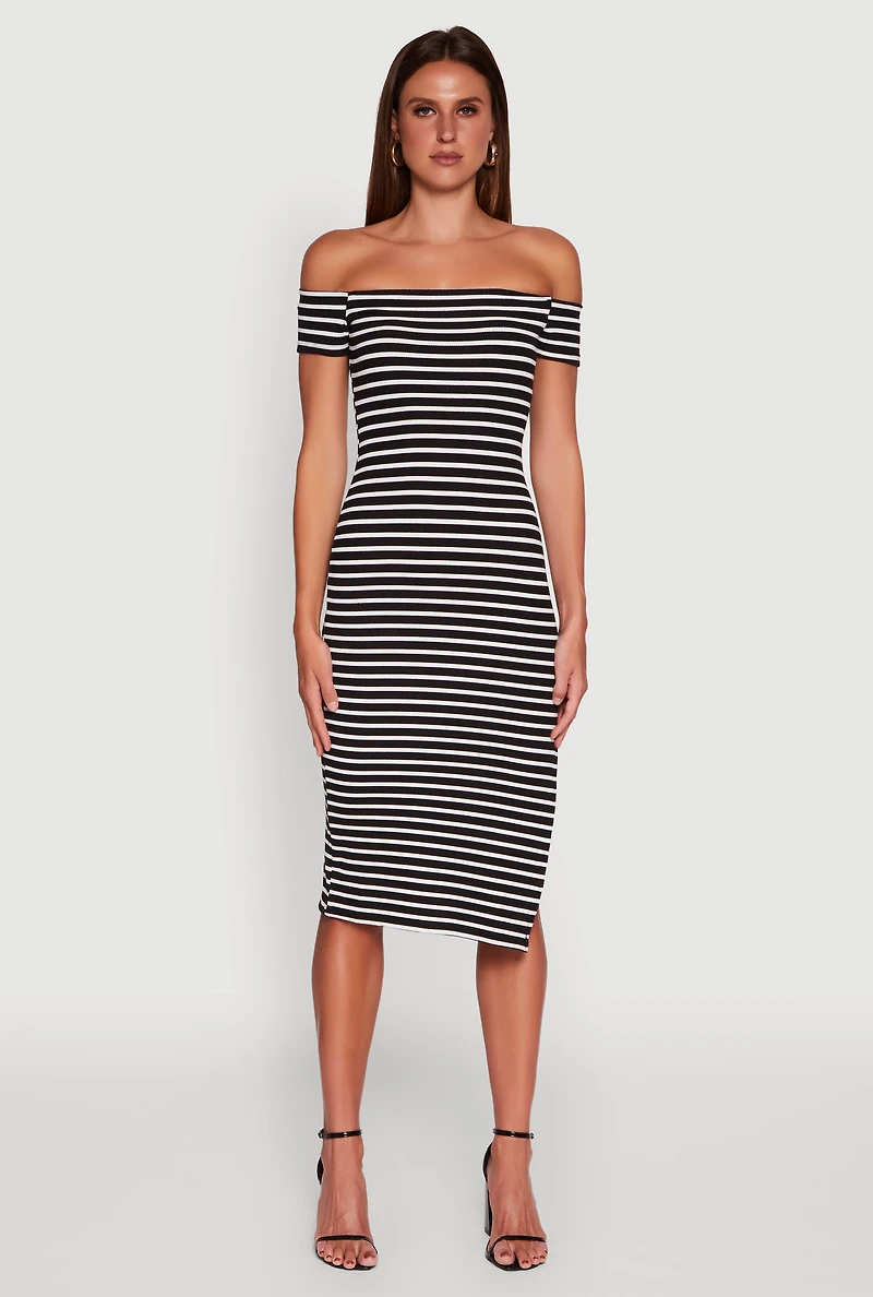 Ribbed Knit Side Slit Striped Midi Dress