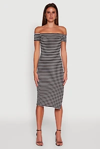 Ribbed Knit Side Slit Striped Midi Dress
