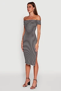 Womens Ribbed Knit Side Slit Striped Midi Dress, M