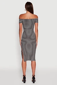 Womens Ribbed Knit Side Slit Striped Midi Dress, M