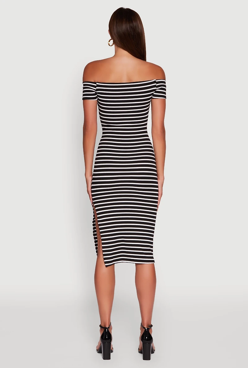 Womens Ribbed Knit Side Slit Striped Midi Dress, Black,