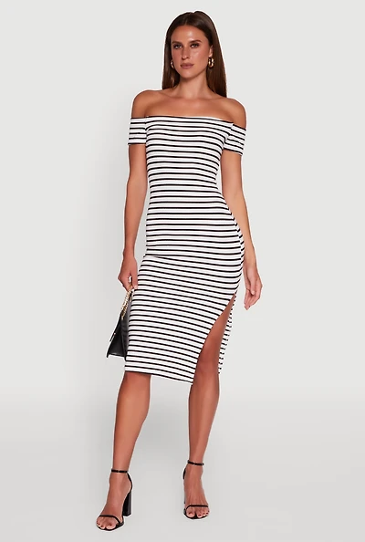 Womens Ribbed Knit Side Slit Striped Midi Dress,