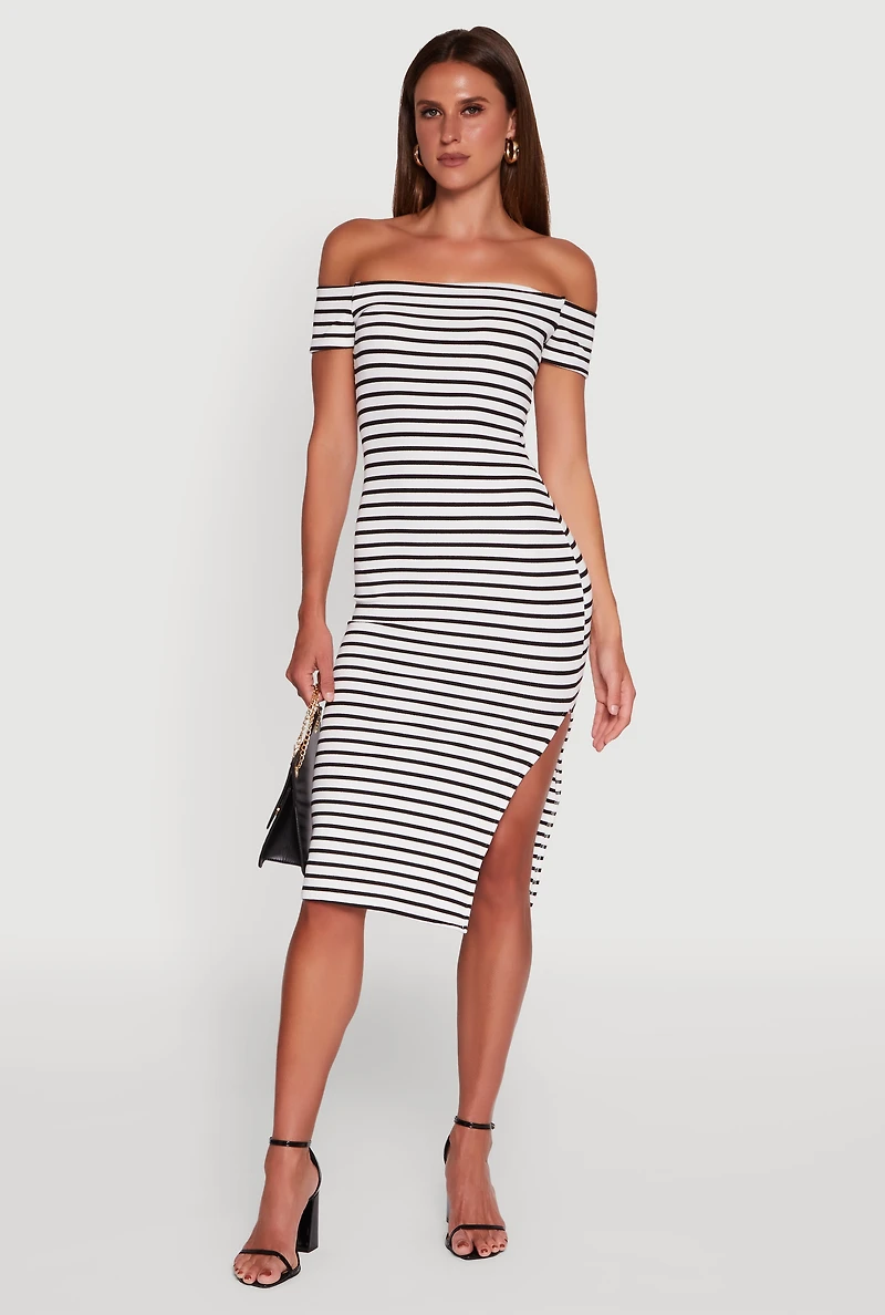 Ribbed Knit Side Slit Striped Midi Dress
