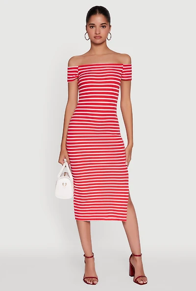 Womens Ribbed Knit Side Slit Striped Midi Dress, Red, Size M