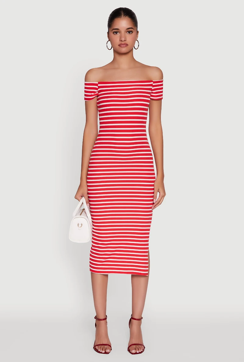Womens Ribbed Knit Side Slit Striped Midi Dress, Red, Size M