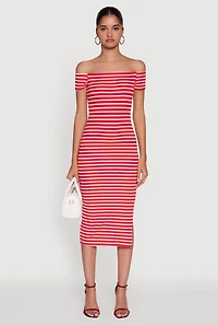 Womens Ribbed Knit Side Slit Striped Midi Dress, Red, Size M