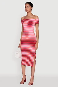 Womens Ribbed Knit Side Slit Striped Midi Dress, Red, Size M