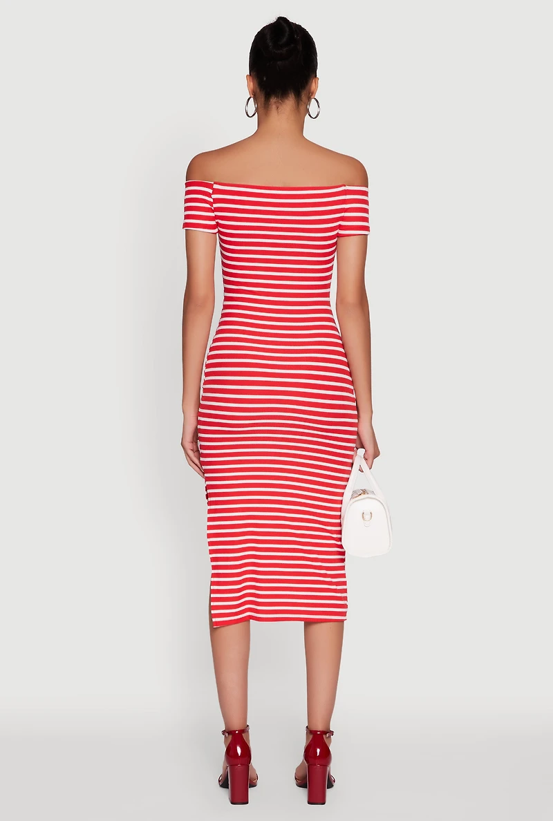 Womens Ribbed Knit Side Slit Striped Midi Dress, Red, Size M