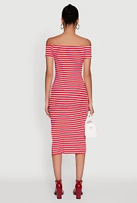 Womens Ribbed Knit Side Slit Striped Midi Dress, Red, Size M