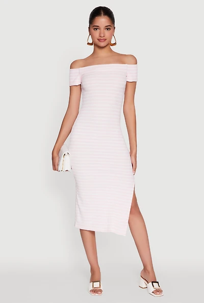 Womens Ribbed Knit Side Slit Striped Midi Dress,