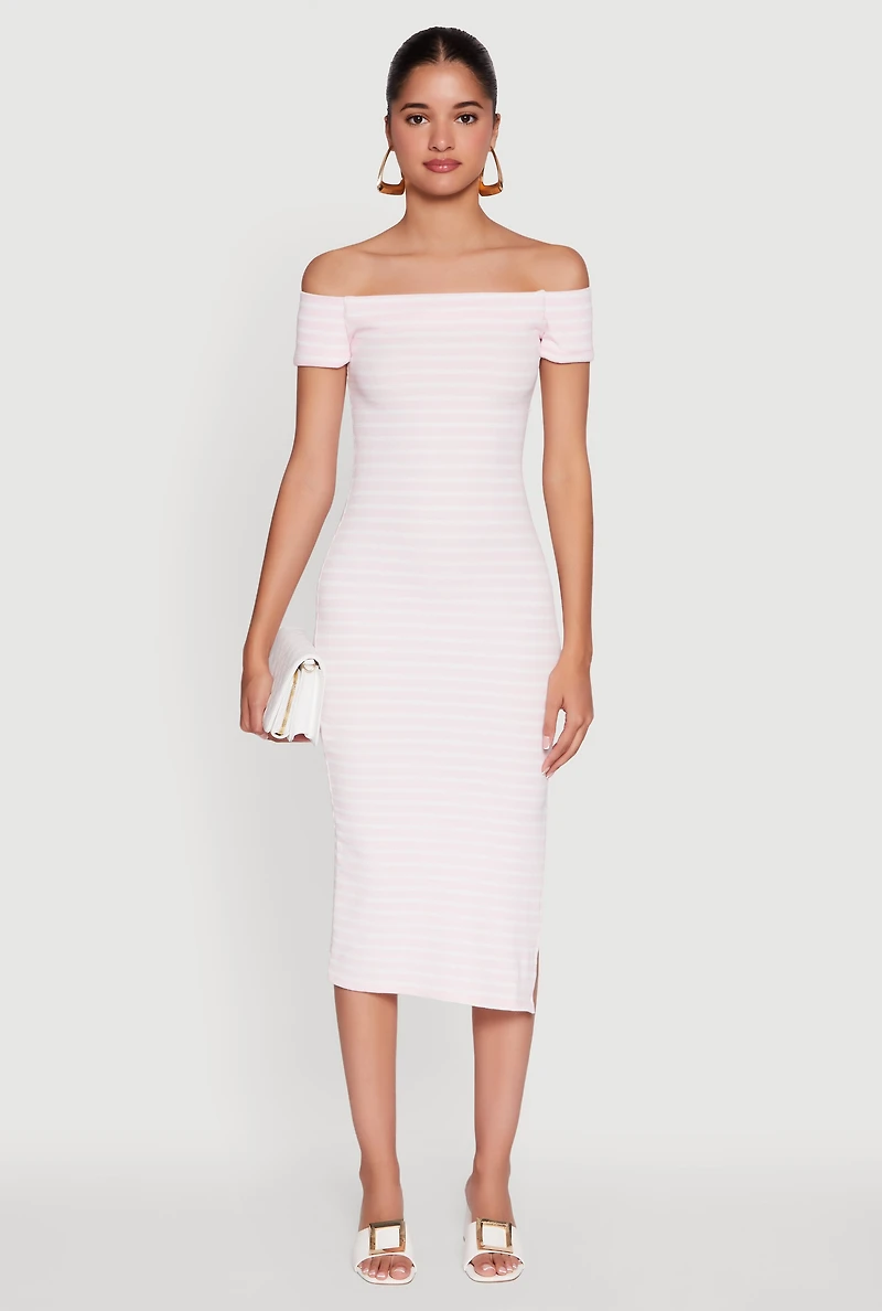 Womens Ribbed Knit Side Slit Striped Midi Dress, M