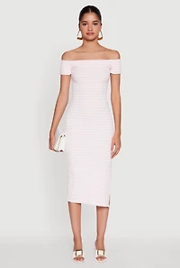 Womens Ribbed Knit Side Slit Striped Midi Dress, M