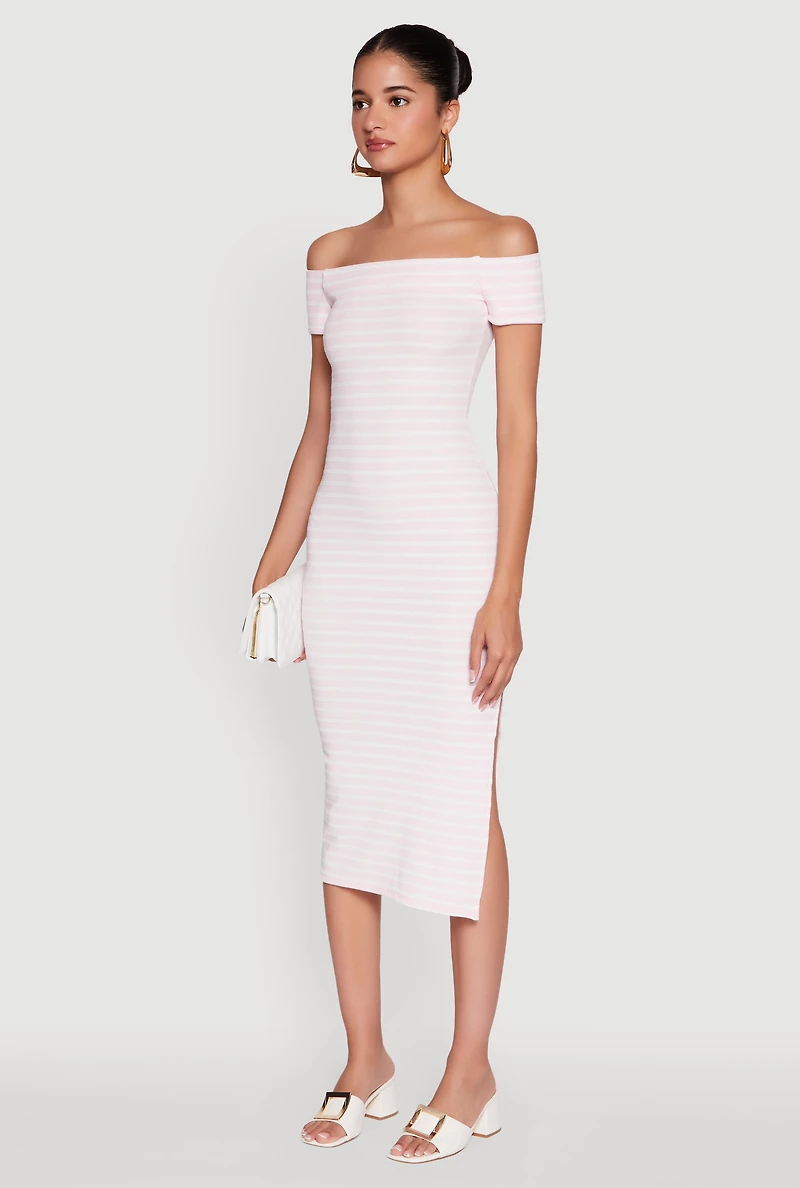 Womens Ribbed Knit Side Slit Striped Midi Dress, M