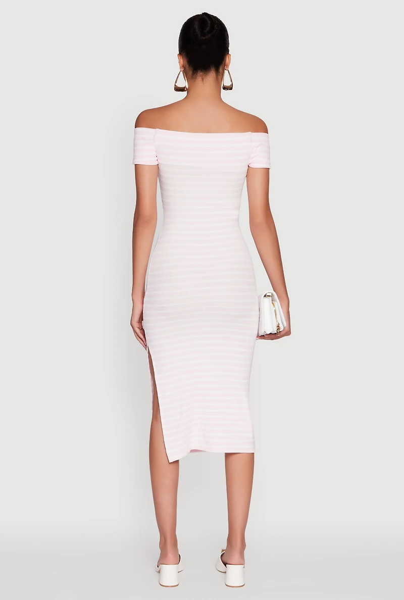 Womens Ribbed Knit Side Slit Striped Midi Dress, M
