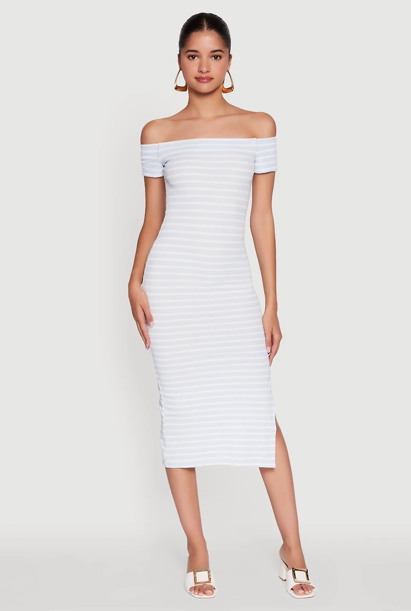 Ribbed Knit Side Slit Striped Midi Dress