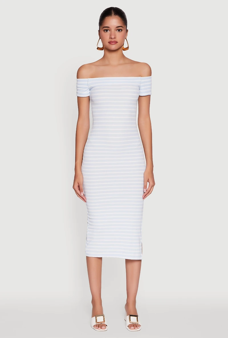Womens Ribbed Knit Side Slit Striped Midi Dress, Blue,