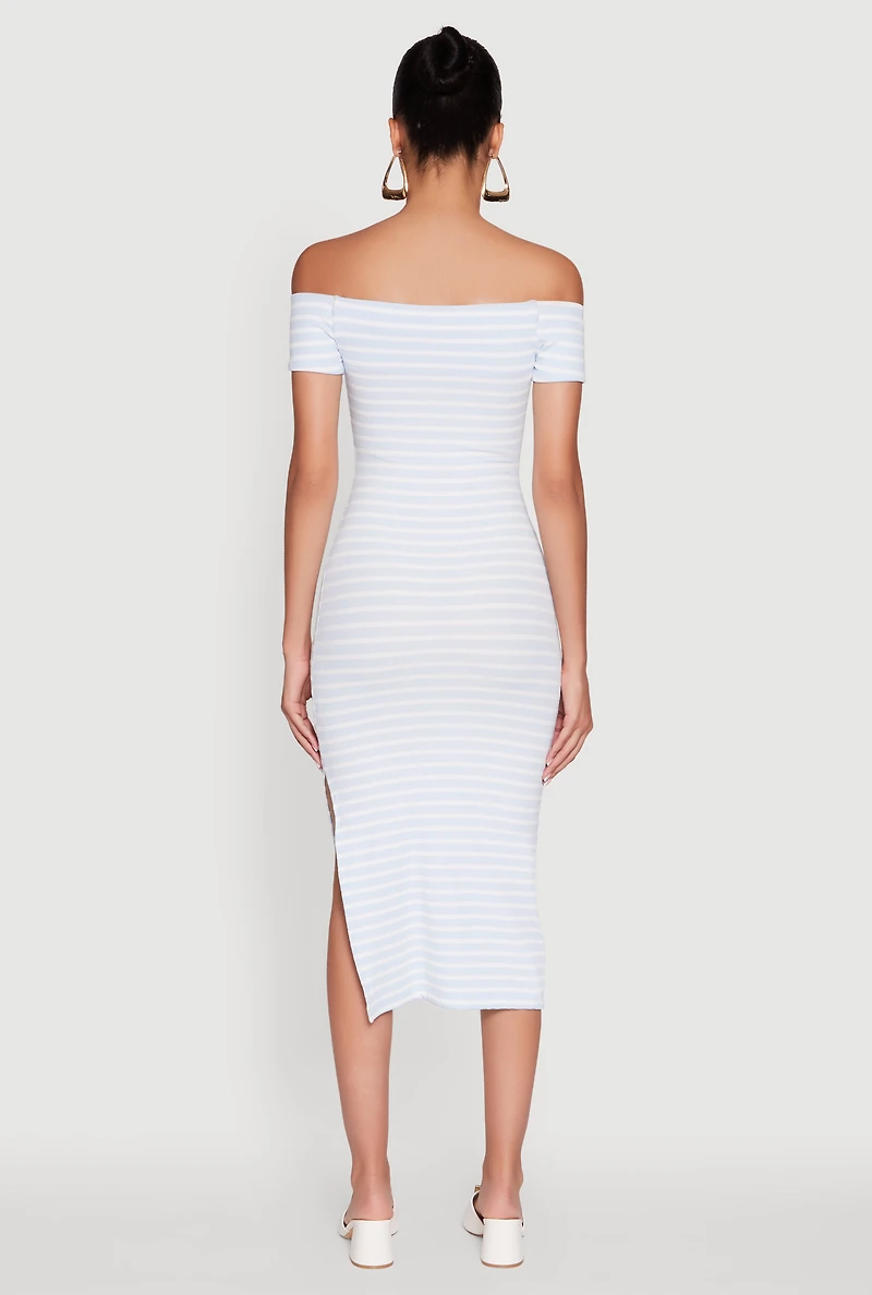 Womens Ribbed Knit Side Slit Striped Midi Dress, Blue,