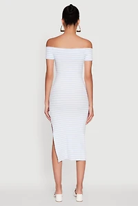 Womens Ribbed Knit Side Slit Striped Midi Dress, Blue,