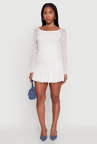 Womens Iris Lace Overlay Long Sleeve Mini Dress, White, Size S
