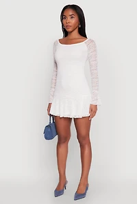 Womens Iris Lace Overlay Long Sleeve Mini Dress, White, Size M