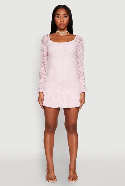Womens Iris Lace Overlay Long Sleeve Mini Dress, Pink,