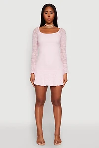 Womens Iris Lace Overlay Long Sleeve Mini Dress, Pink, Size S